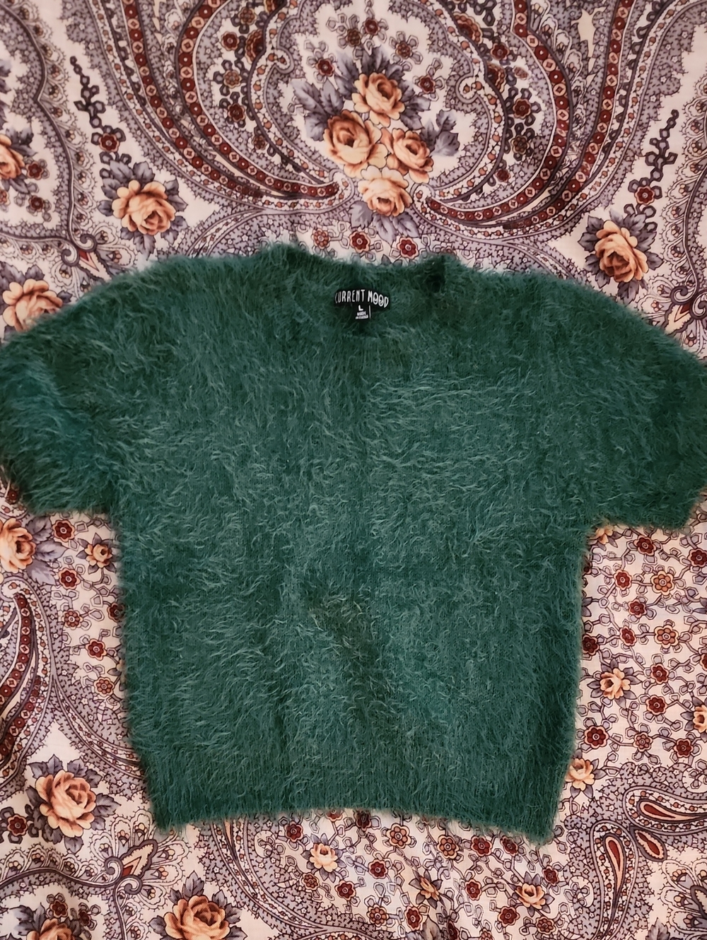 Current Mood Green Fuzzy Short-Sleeve Crewneck Sweater – Size L
